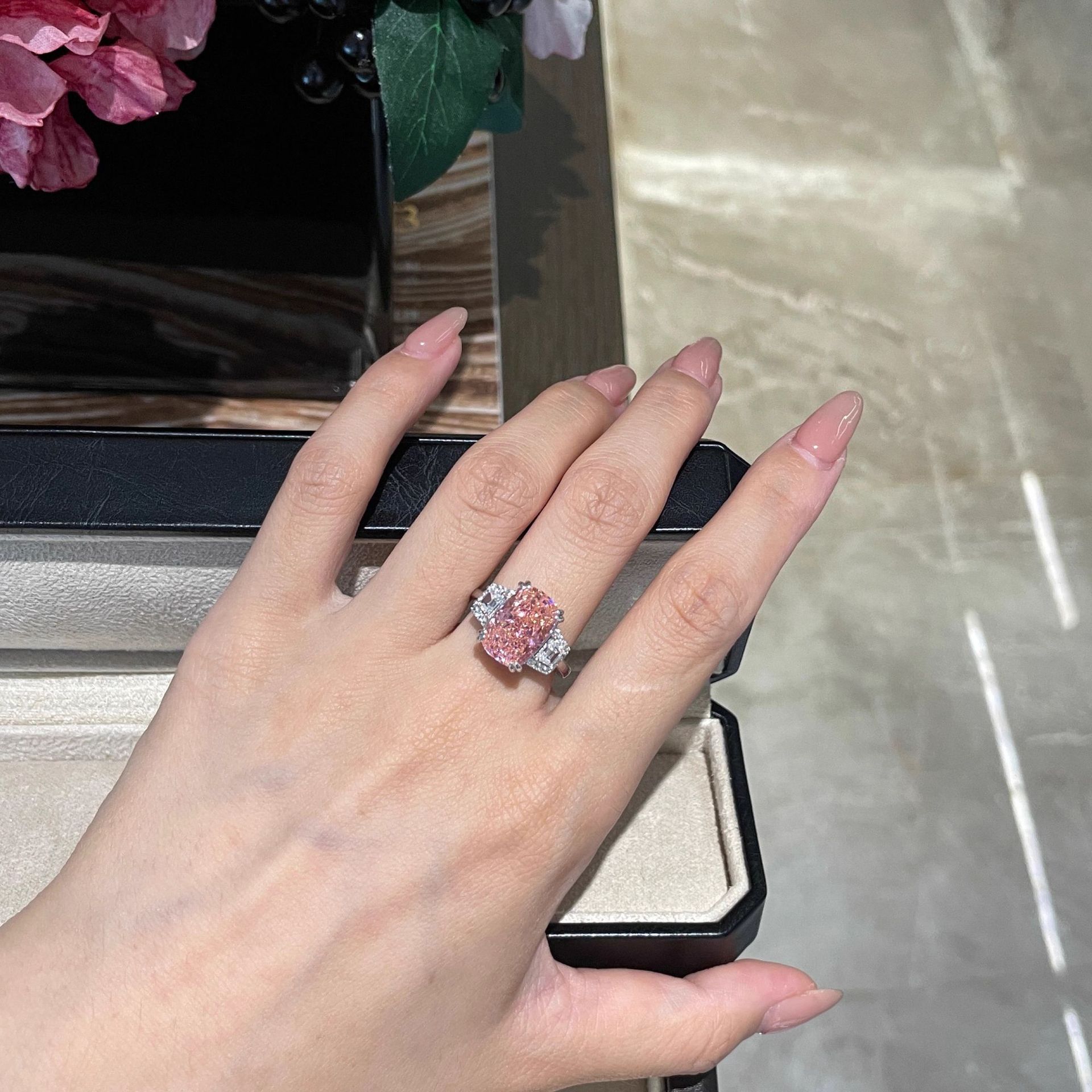 Luxury Heavy Craftsmanship Simulated Diamond Ring, Large Carat Ice Flower Cut Elongated Cushion High Carbon Diamond Ring For Women