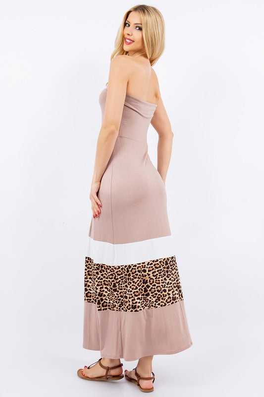 Leopard Print Strapless Maxi Dress in Taupe and White