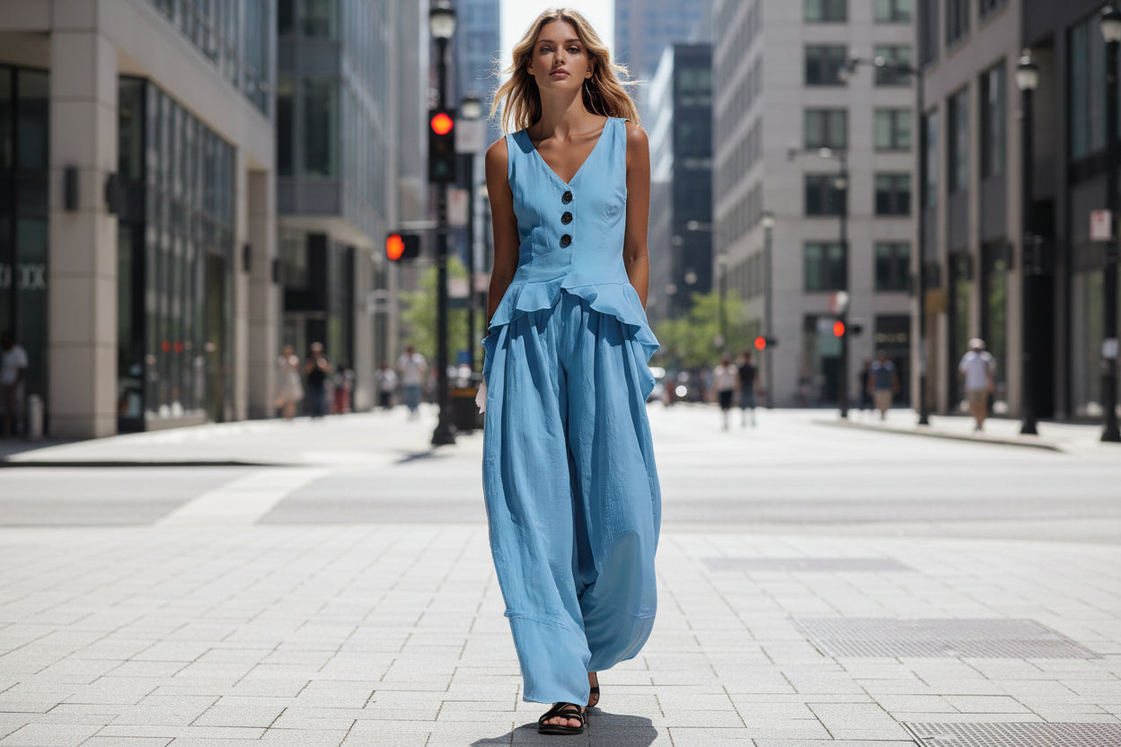 A woman wearing a blue button-front tank top with a ruffled hem and matching wide-leg pants while walking on a city street.