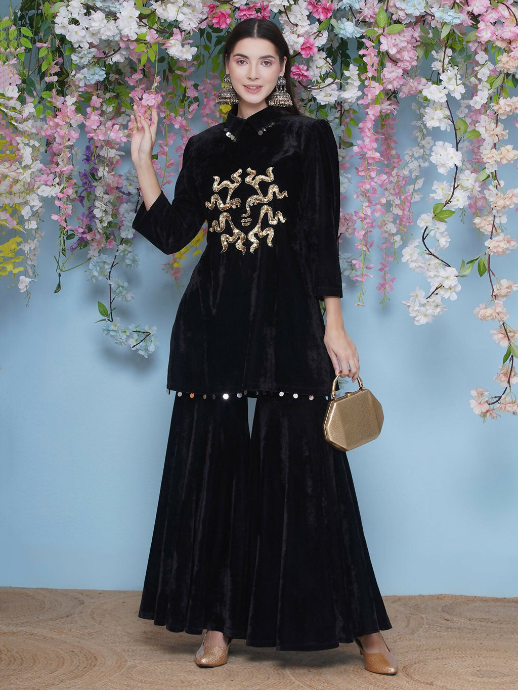 Black Velvet Sharara Set with Maroon Accents
