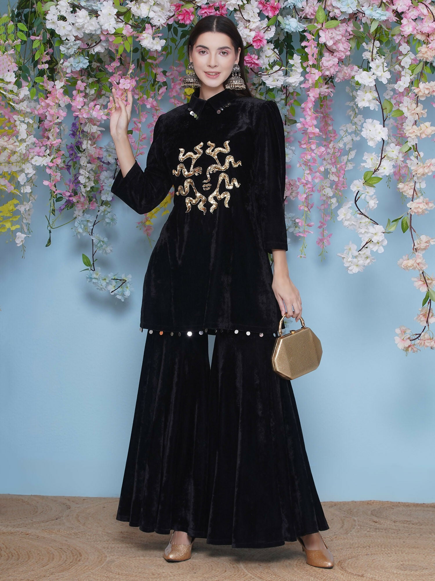 Black Velvet Sharara Set with Maroon Accents