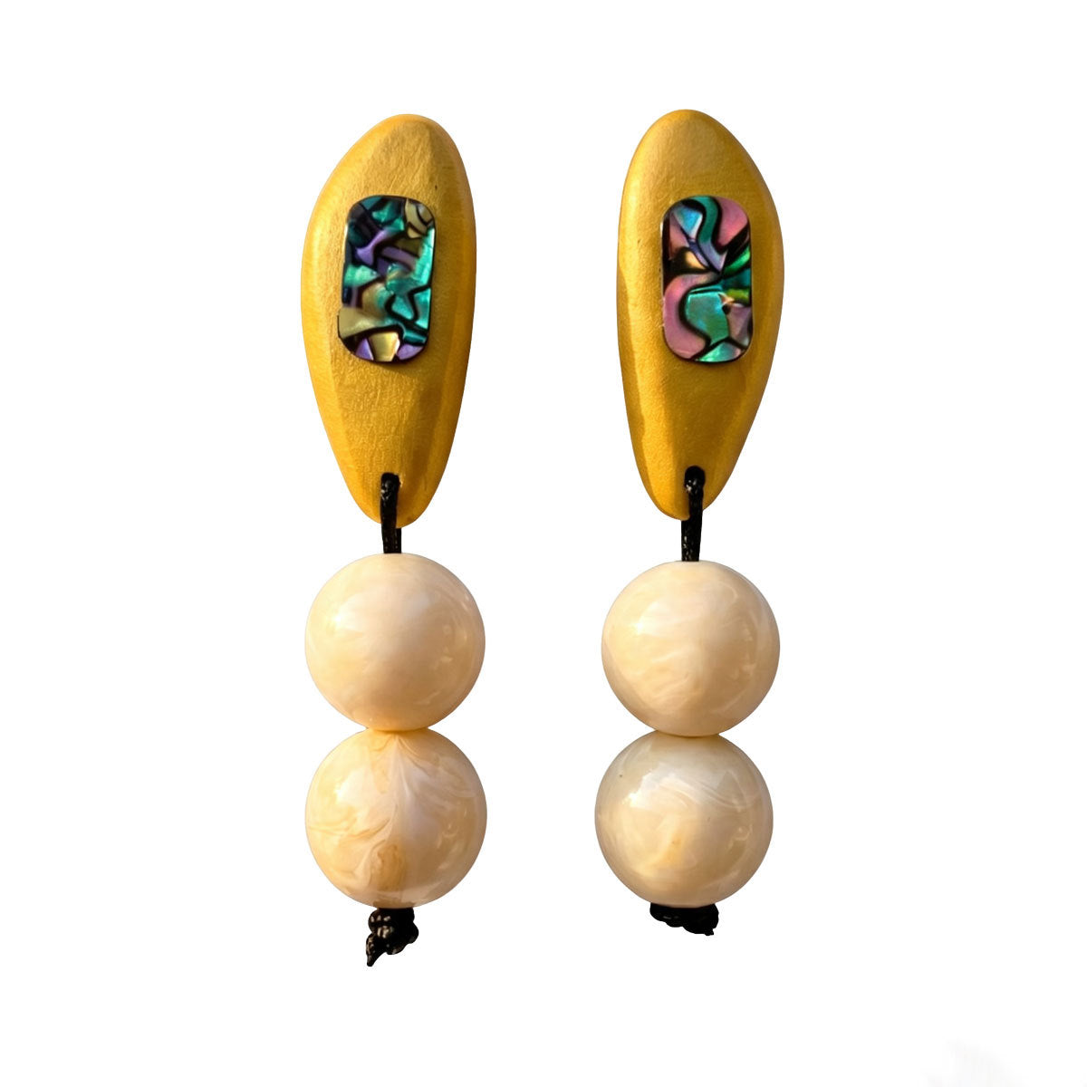 Women Wood Faux Abalone Shell Double Faux Pearl Drop Earrings, Boho Earth Tone Lightweight Vacation Statement Jewelry