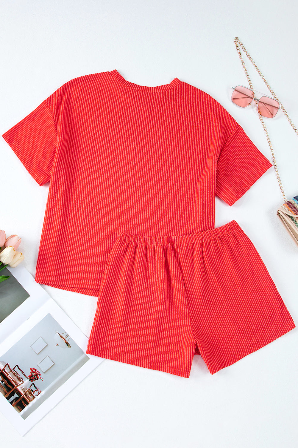 Solid Corded Short Sleeve Tee and Shorts Set