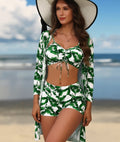 Women's 3-piece long sleeve swimsuit set with floral print and lace-up details