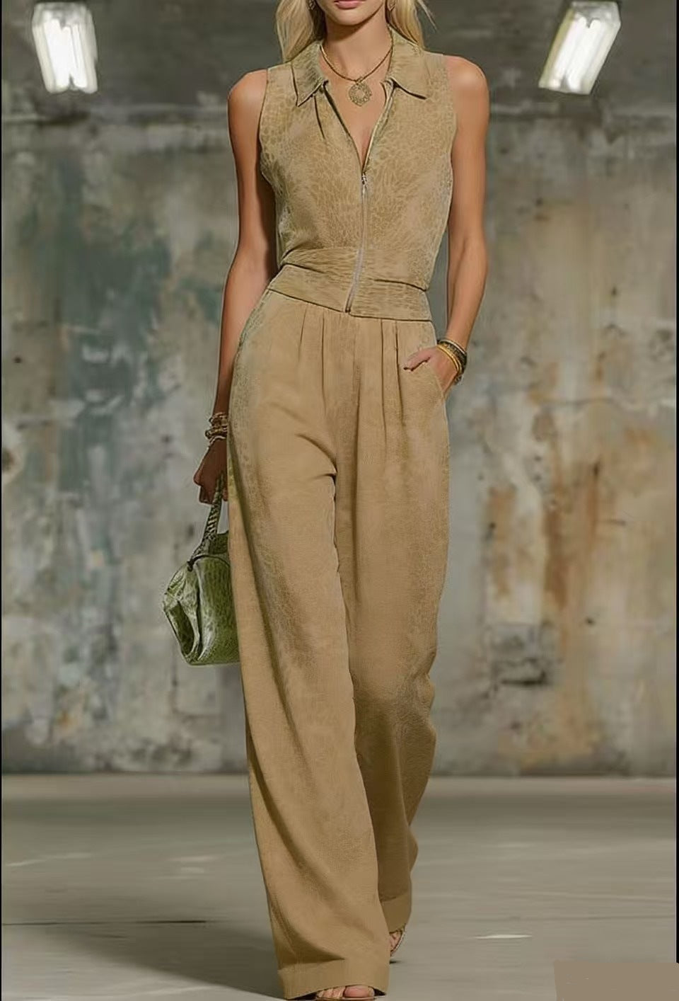 Women's Floral Print Sleeveless Zip-Up Wide Leg Jumpsuit