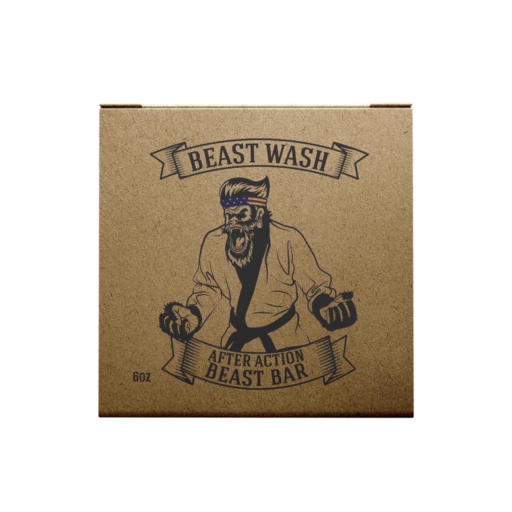 A 6oz square bar of Johnny Slicks After Action Beast Bar soap in kraft brown packaging with a gorilla design.