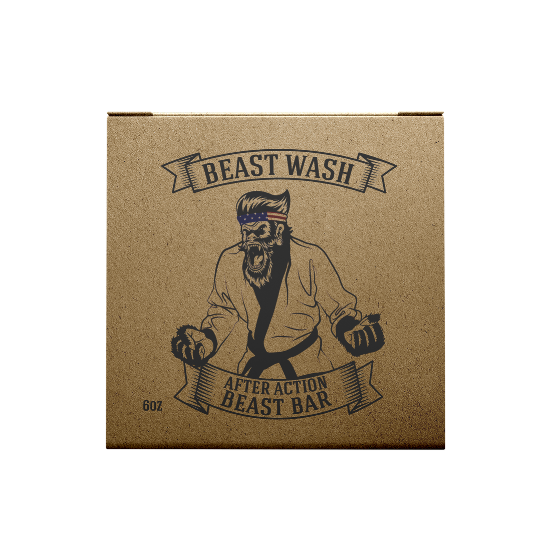 A 6oz square bar of Johnny Slicks After Action Beast Bar soap in kraft brown packaging with a gorilla design.