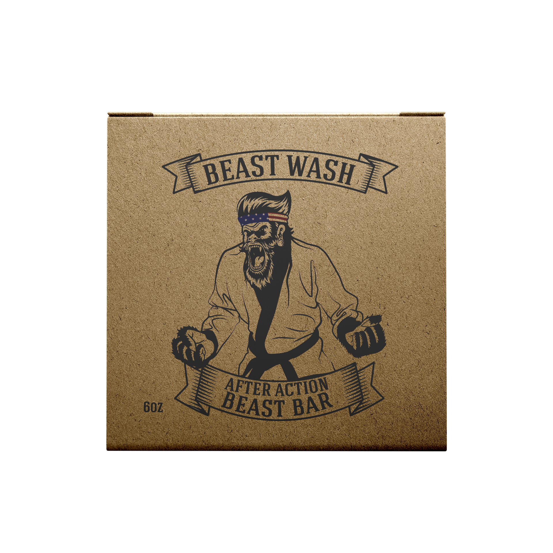 A 6oz square bar of Johnny Slicks After Action Beast Bar soap in kraft brown packaging with a gorilla design.