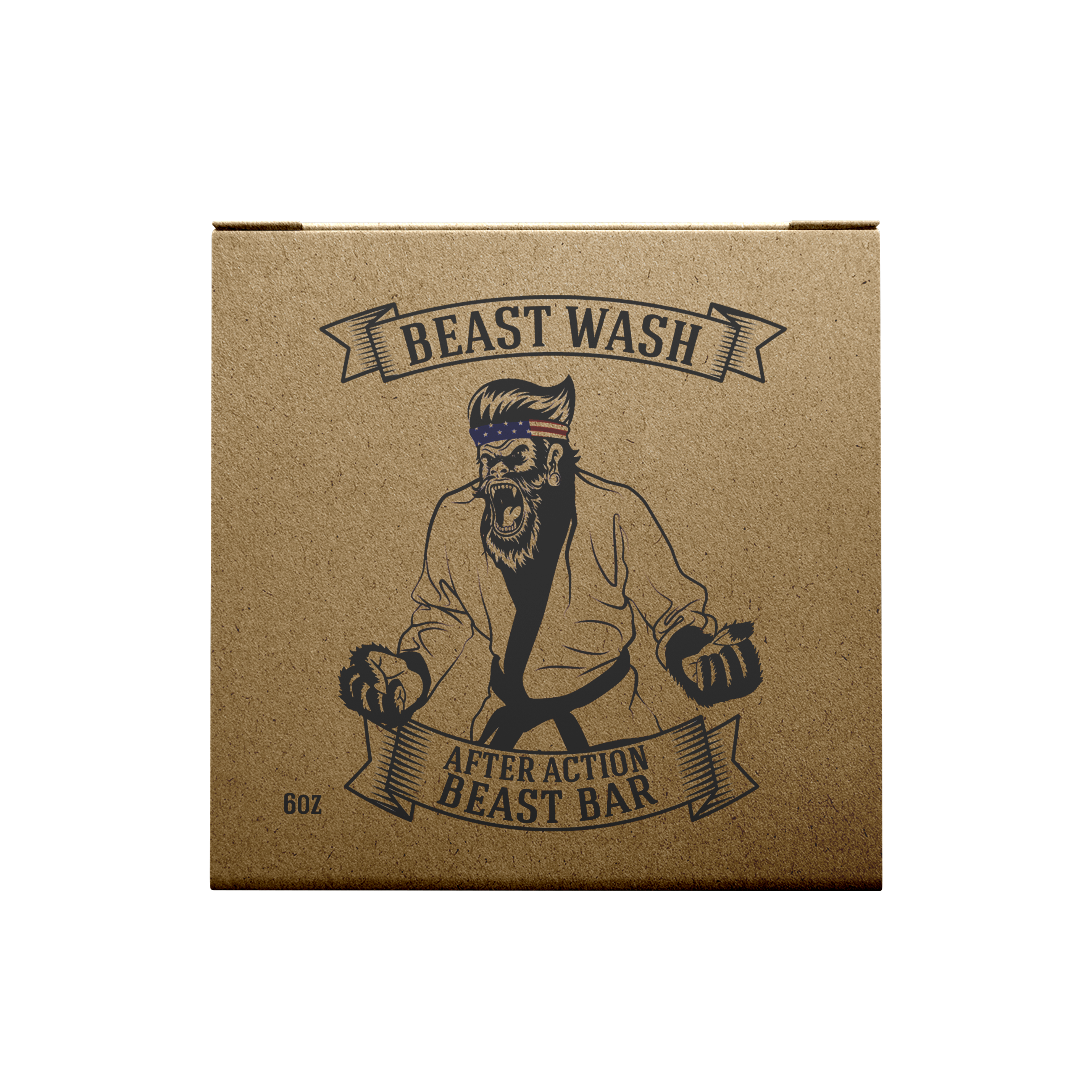 A 6oz square bar of Johnny Slicks After Action Beast Bar soap in kraft brown packaging with a gorilla design.