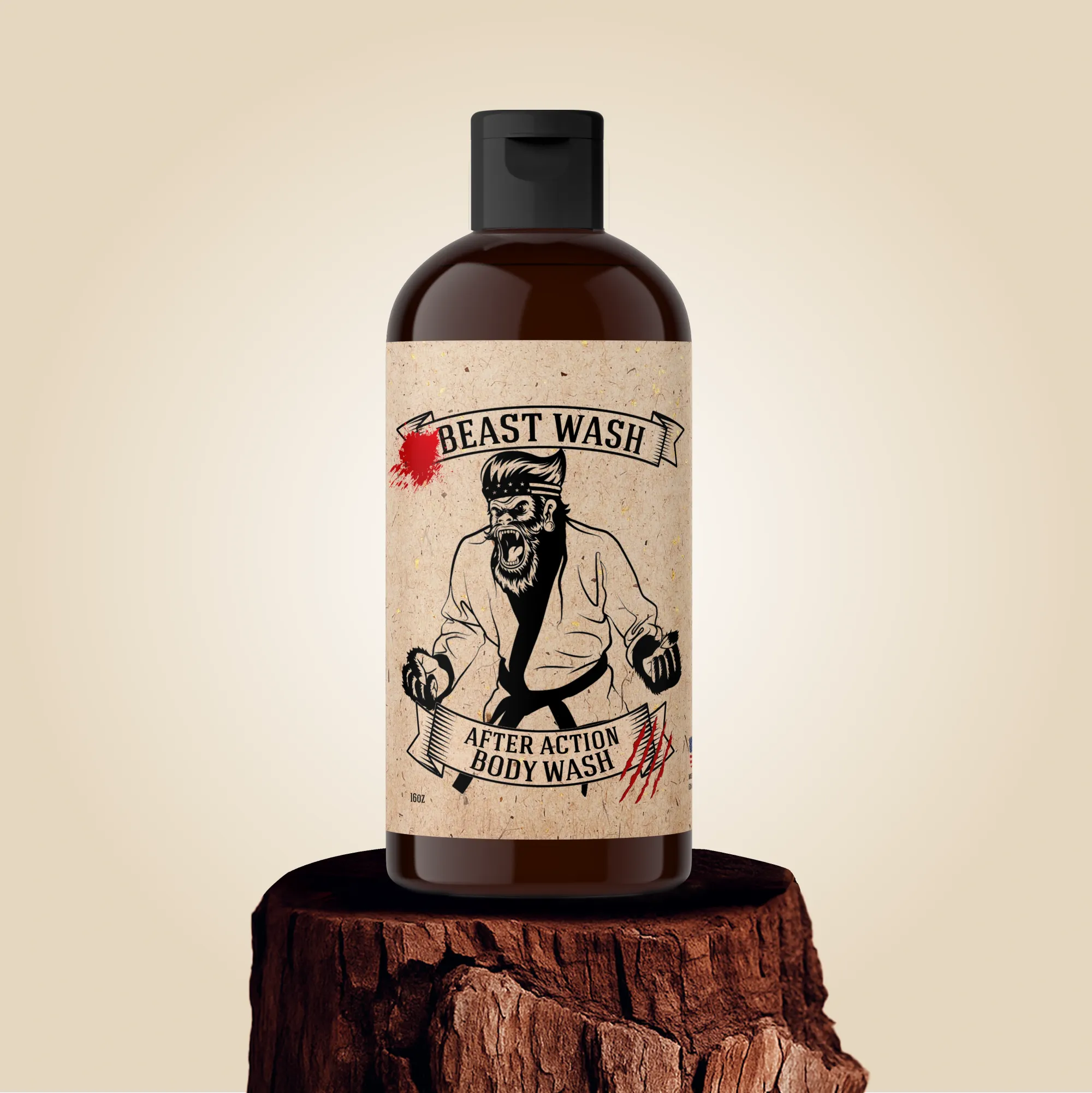 A 16oz bottle of Johnny Slicks After Action Body Wash on a tree stump with a label showing a graphic of a beast in a martial arts gi.