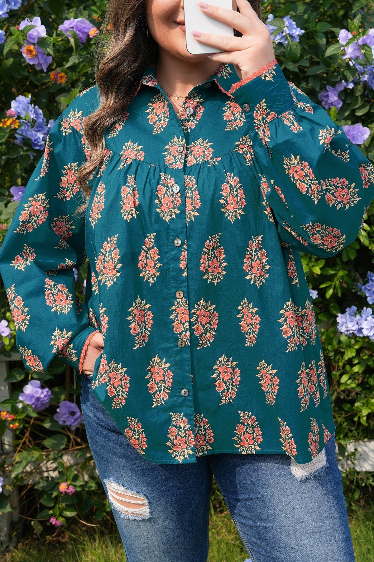 Plus Size Floral Lace Trim Pleated Buttoned Shirt