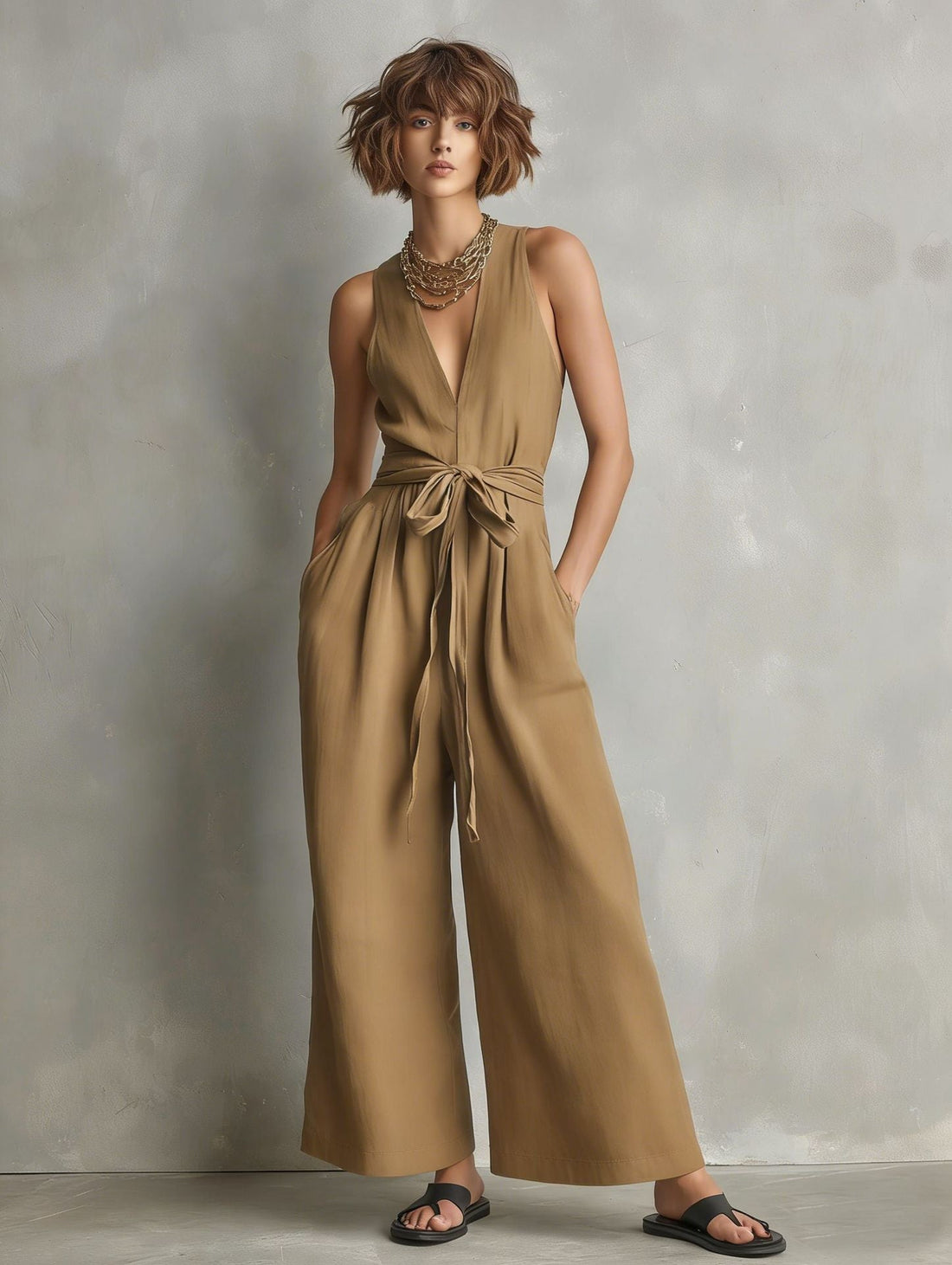 Women's V-Neck Sleeveless Jumpsuit with Waist Tie in Gray - Image 11