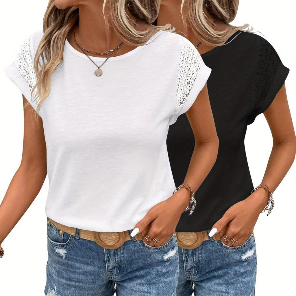 Two Pack Women's Cap Sleeve Tops with Lace Trim Details - Image 11