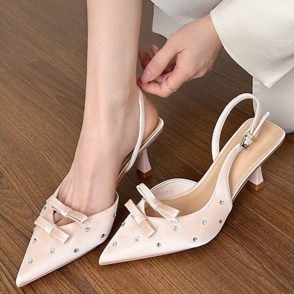 Women's Bowknot Rhinestone Slingback Stiletto Heels
