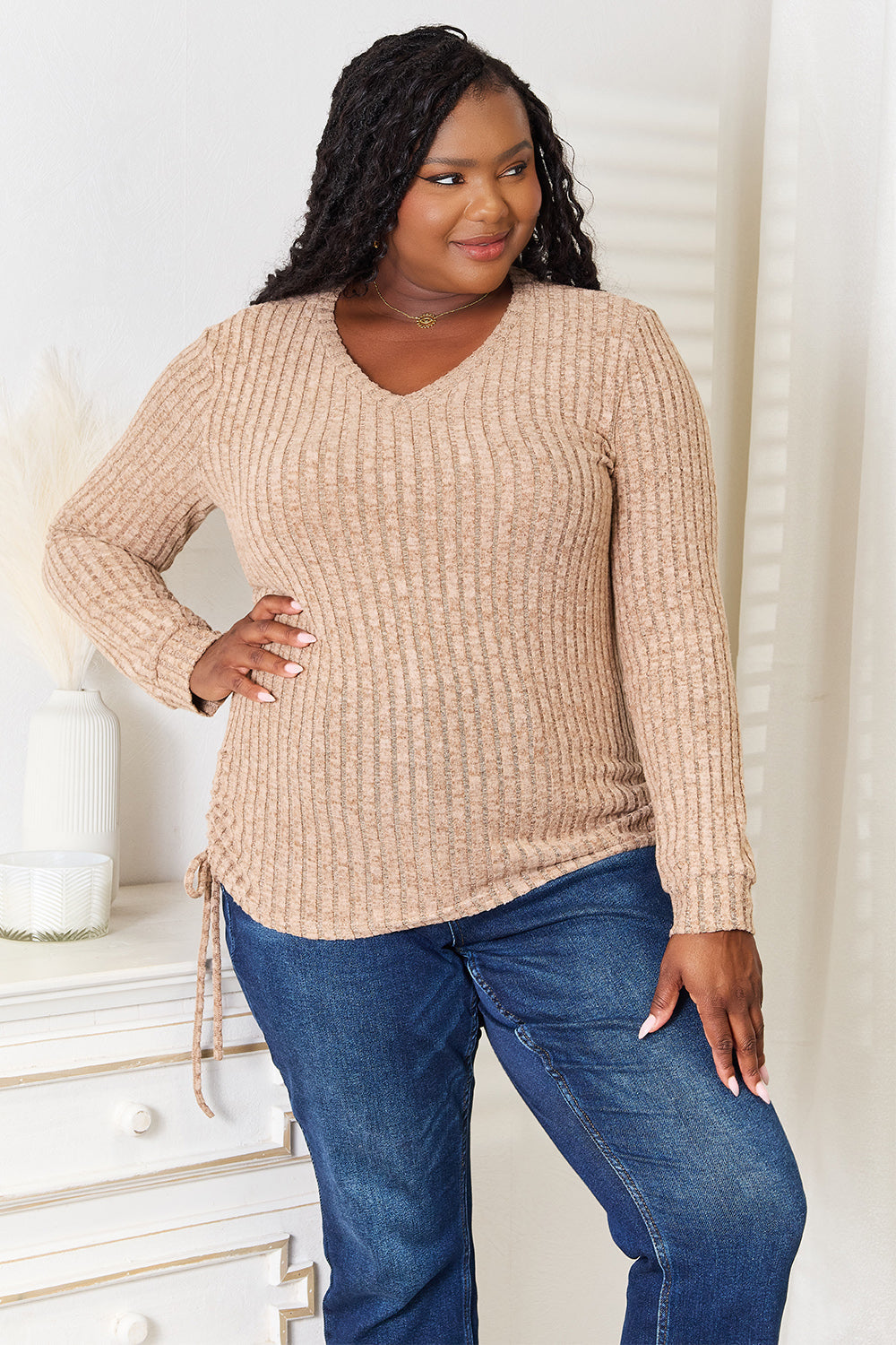 Drawstring Ribbed Long Sleeve T-Shirt | Stretchy Knit Top