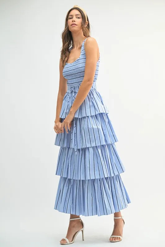 Pinstripe Smocked Bodice Layered Midi Dress in Light Blue