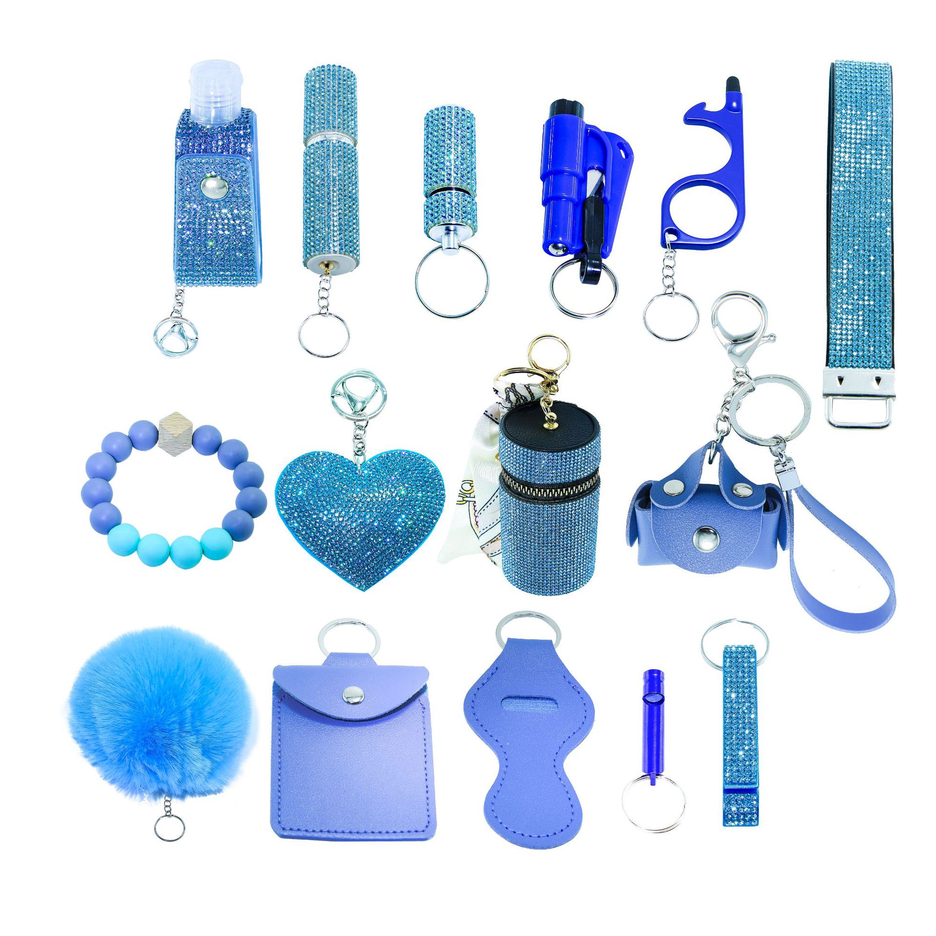 15-Piece Rhinestone Keychain Set, PU Leather Decorative Key Rings
