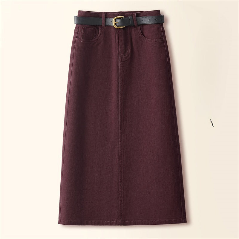 A versatile retro-style A-line straight skirt with a side slit, available in various colors.