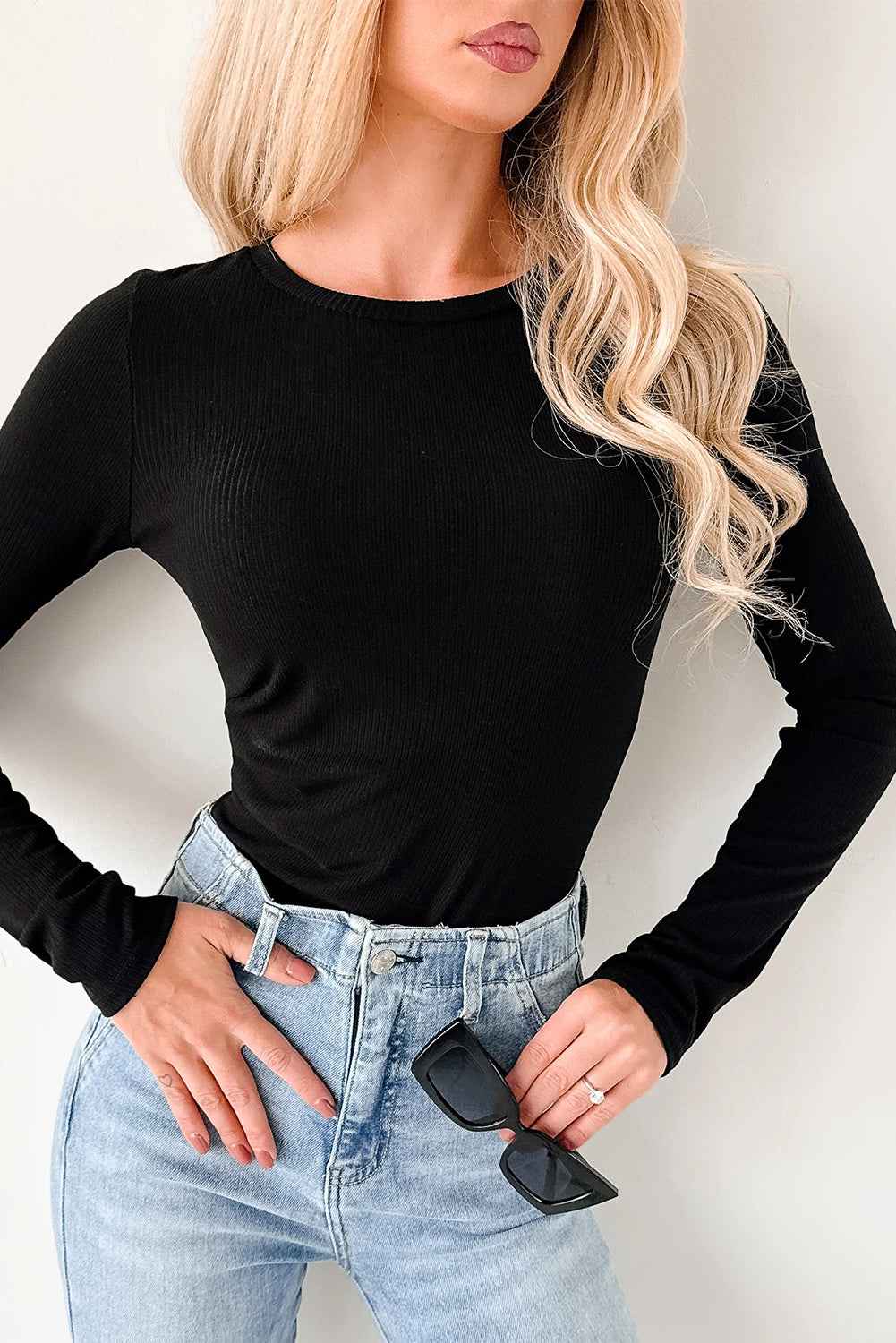 Dearlovers Black Ribbed Long Sleeve Crew Neck Solid Color Bodysuit