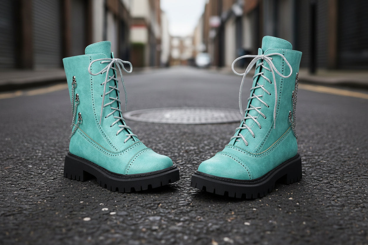 Women's Lace-Up Mid-Calf Chunky Heel Boots with Chain Detail - Image 7