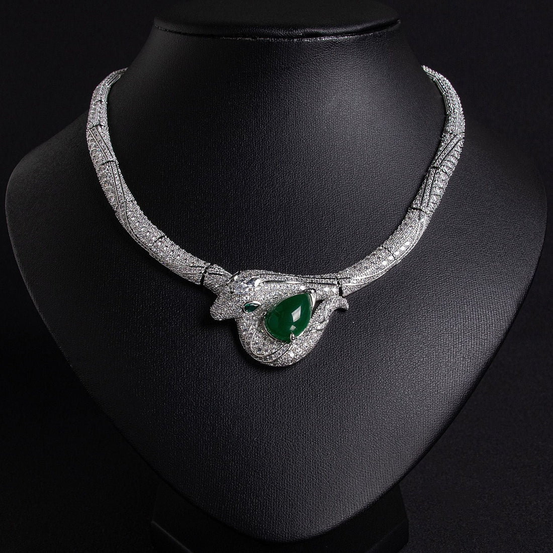 18K Gold Snake and Bamboo Knot Zirconia Statement Necklace