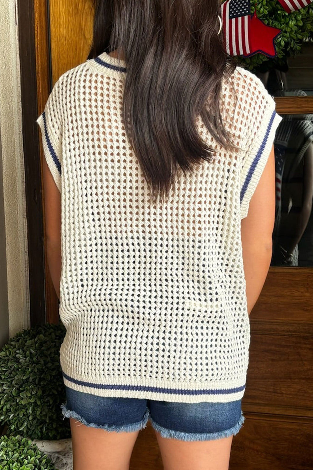 White USA Flag Eyelet Cap Sleeve Knit Sweater Top