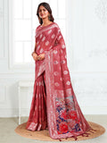 Rust colored linen cotton saree with matching blouse fabric