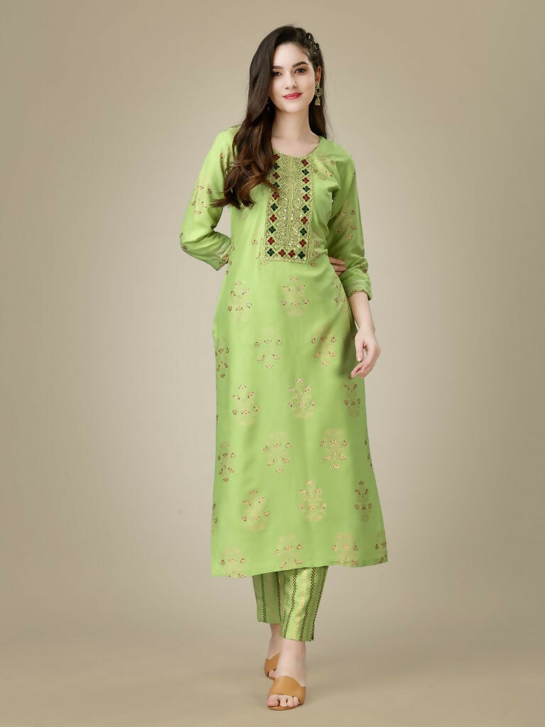 Women's Light Green Embroidered Rayon Straight Kurta Pant Set