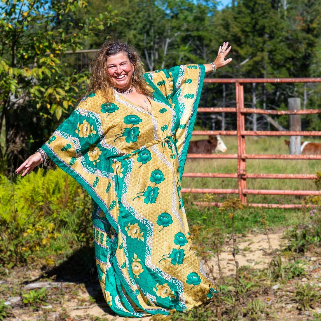 Adjustable Long Kaftan Dress - Handmade Reclaimed Sari Fabric