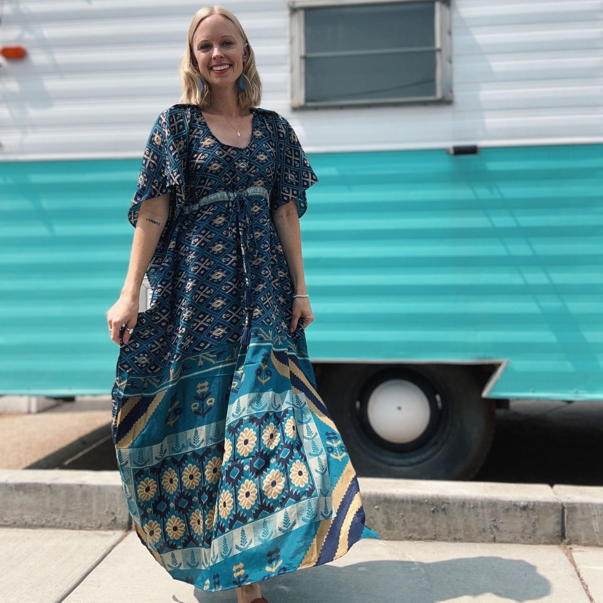 Adjustable Long Kaftan Dress - Handmade Reclaimed Sari Fabric