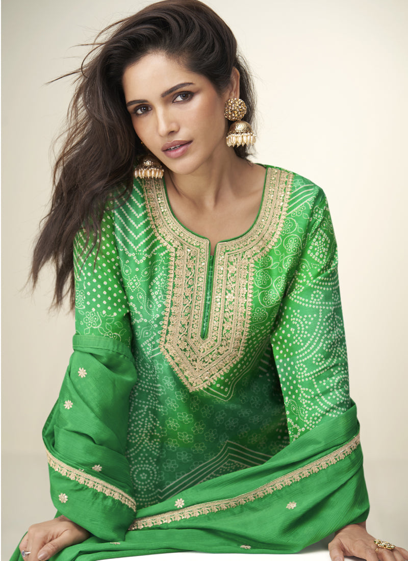 Green Chinon Silk Embroidered Designer Sharara Suit