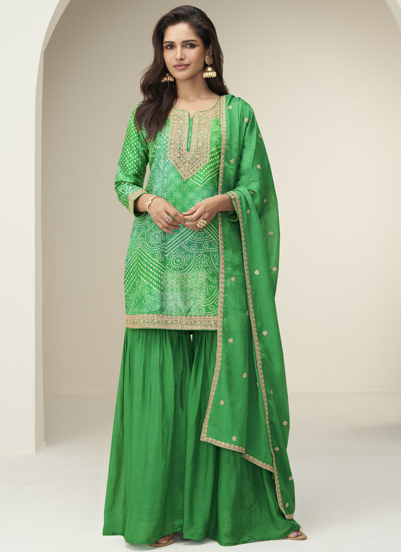 Elegant Green Chinon Silk sharara suit with designer embroidery