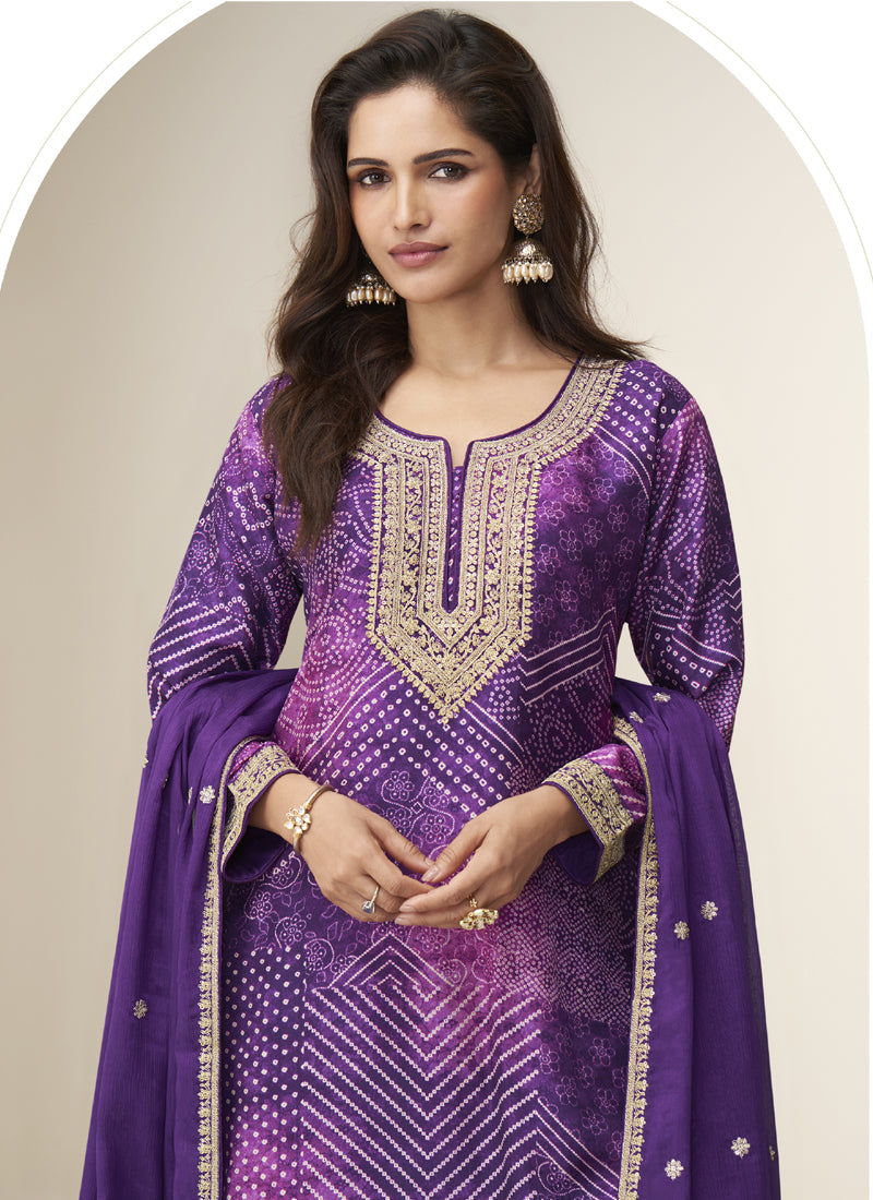 Violet Chinon Silk Sharara Suit with Intricate Embroidery