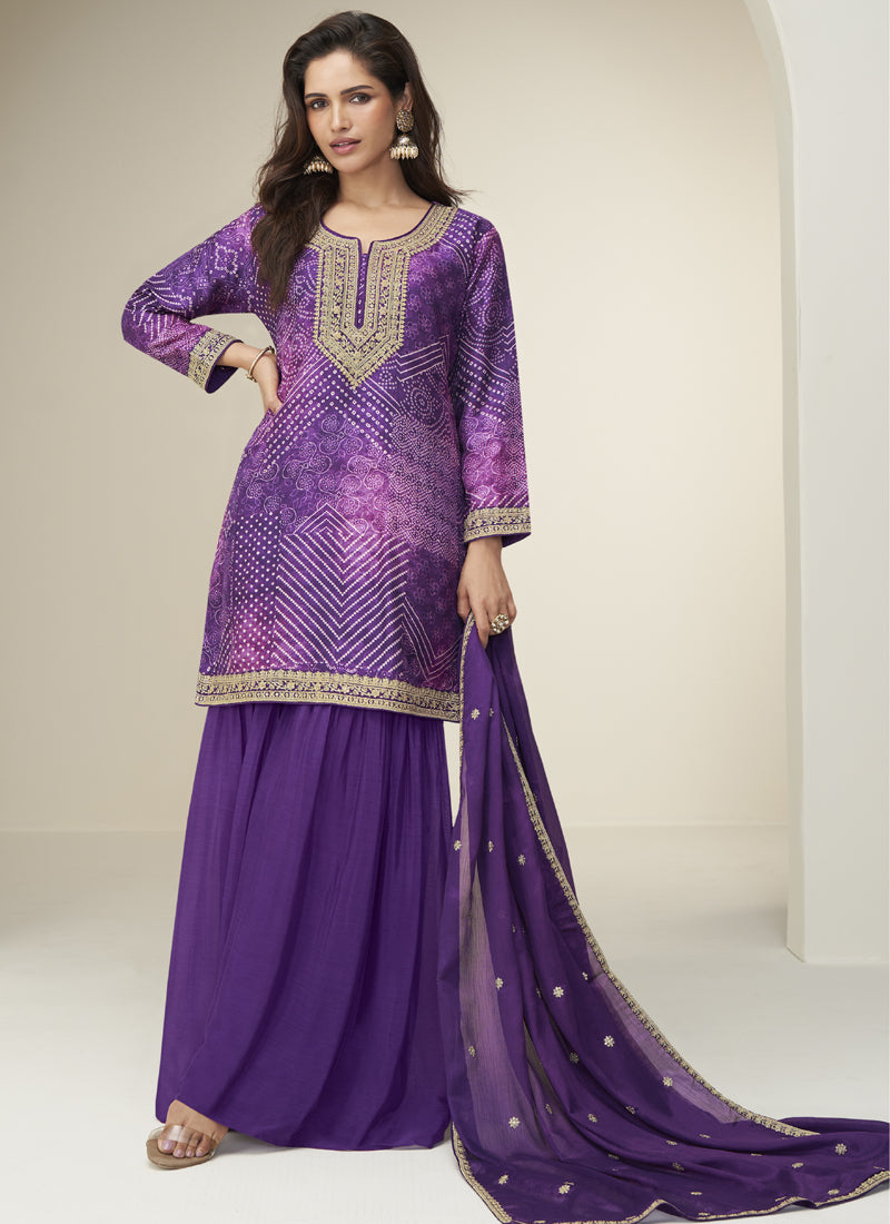 Violet Chinon Silk sharara suit with gold geometric embroidery and gota patti detail
