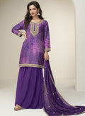 Violet Chinon Silk sharara suit with gold geometric embroidery and gota patti detail