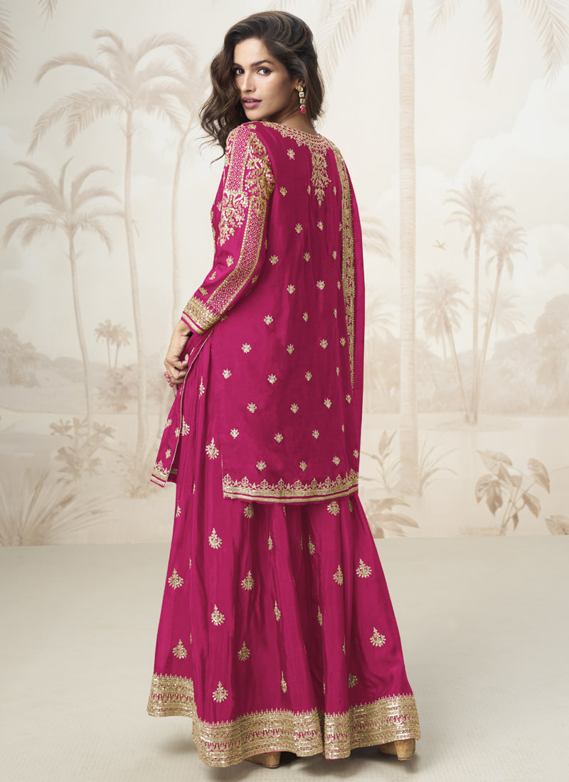 Pink Chinon Silk Embroidered Sharara Suit for Festive Events