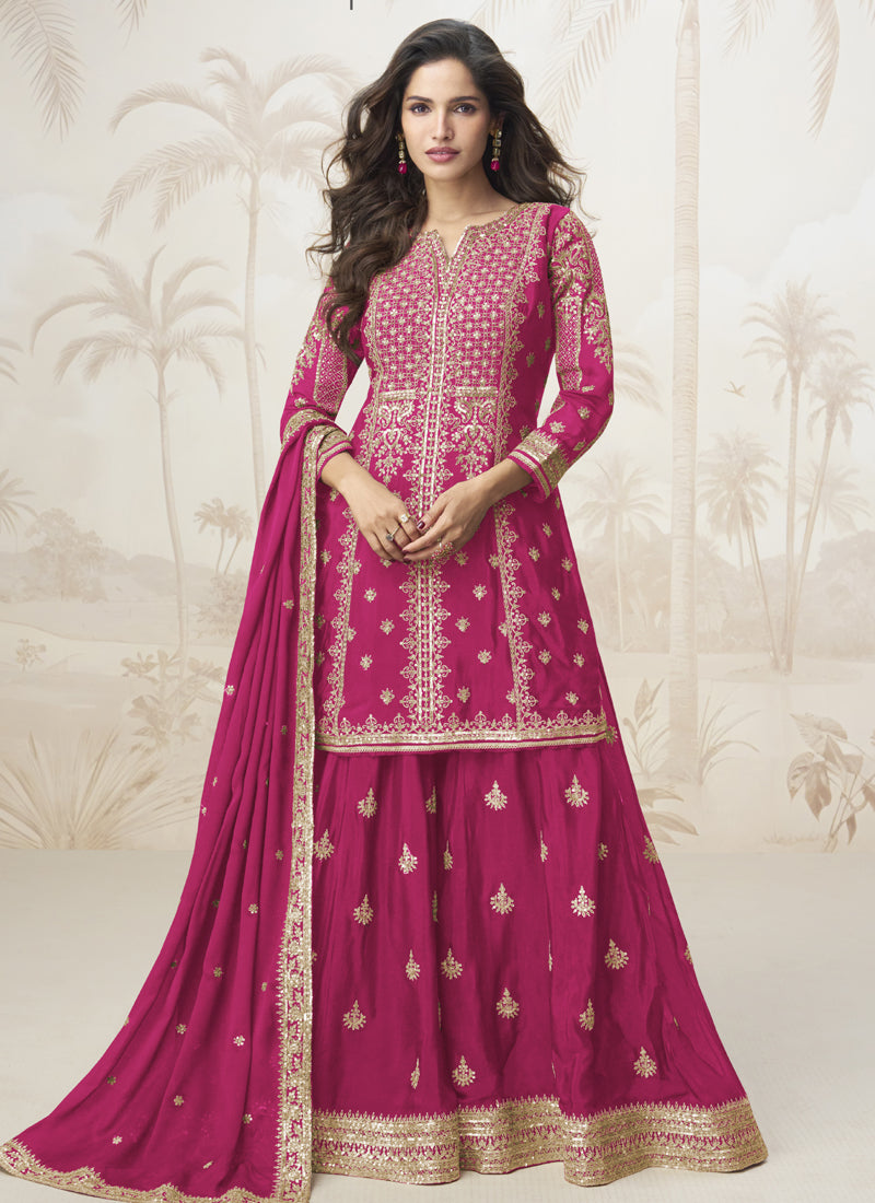 Pink Chinon Silk sharara suit with gota patti embroidery for traditional festive events