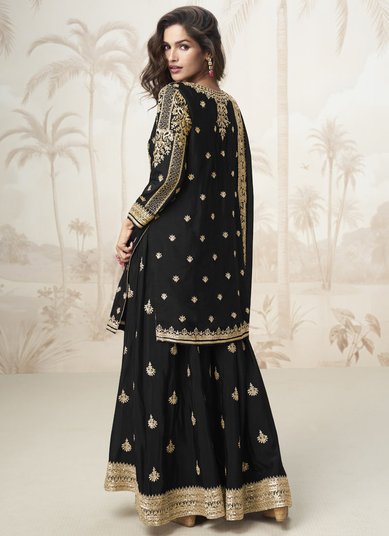 Black Chinon Silk Embroidered Sharara Suit for Festive Events