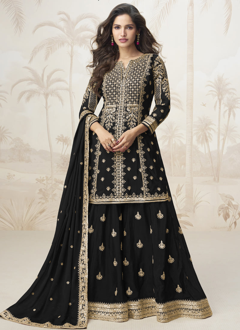 Black Chinon silk sharara suit with intricate embroidery and gota patti detail