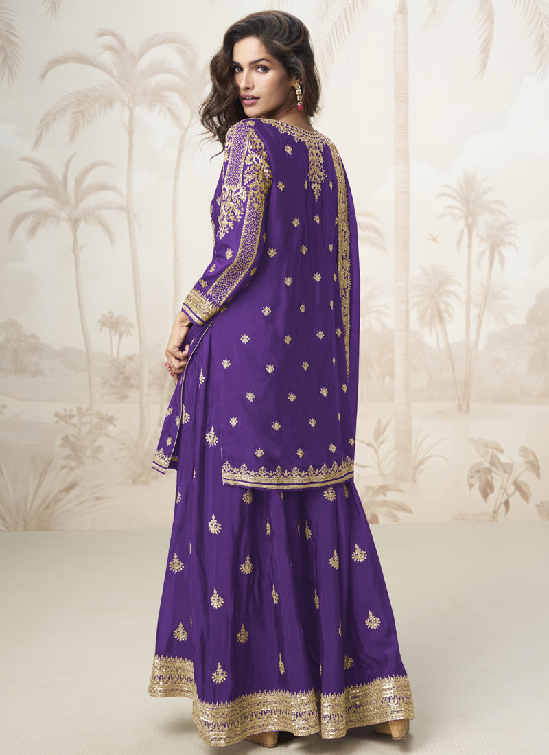 Violet Chinon Silk Embroidered Sharara Suit for Festive Occasions