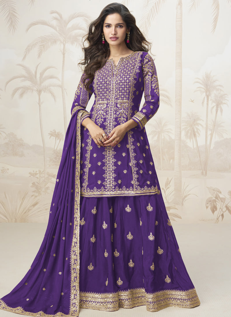 Violet Chinon Silk sharara suit with detailed embroidery and gota patti embellishments