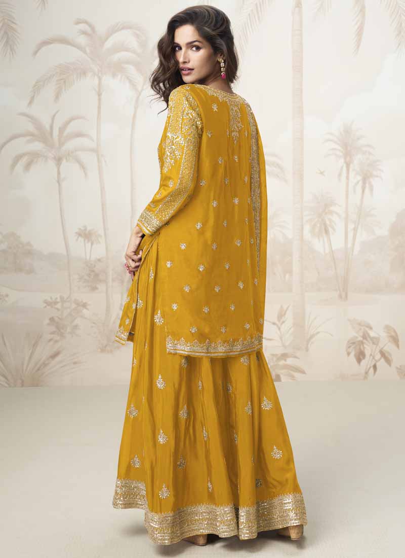 Yellow Chinon Silk Embroidered Sharara Suit for Haldi Ceremony