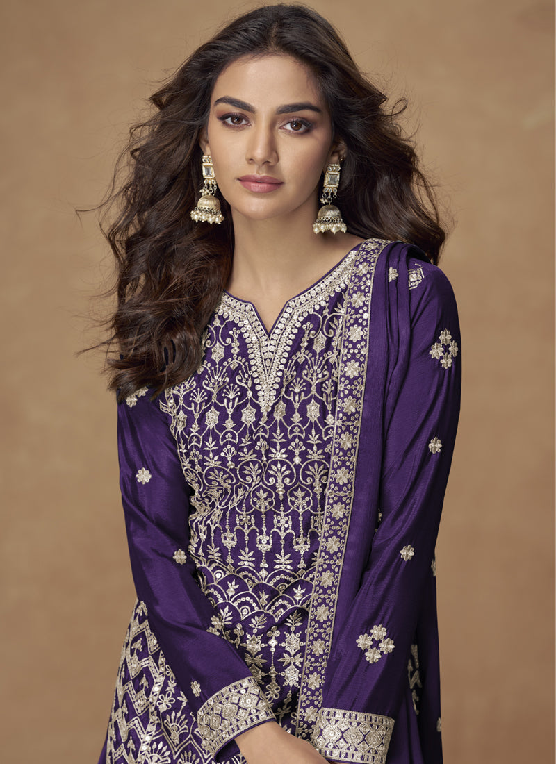 Purple Chinon Silk Embroidered Sharara Suit for Wedding Events