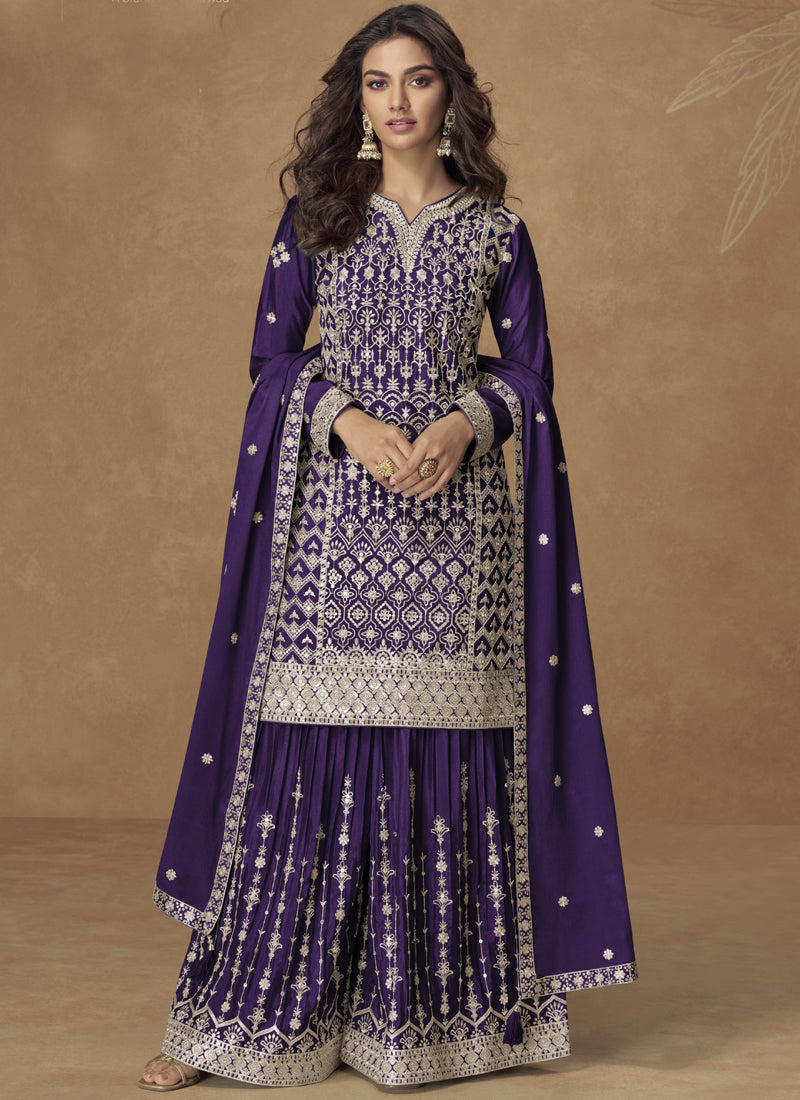 Purple Chinon Silk Sharara Suit with intricate embroidery and gota patti detail.