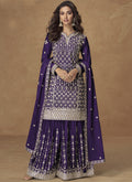 Purple Chinon Silk Sharara Suit with intricate embroidery and gota patti detail.