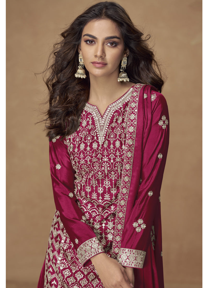 Rani Pink Chinon Silk Embroidered Sharara Suit for Weddings
