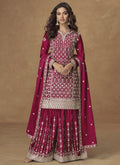 Rani Pink Chinon Silk Sharara Suit with detailed gota patti embroidery and elegant flared pants