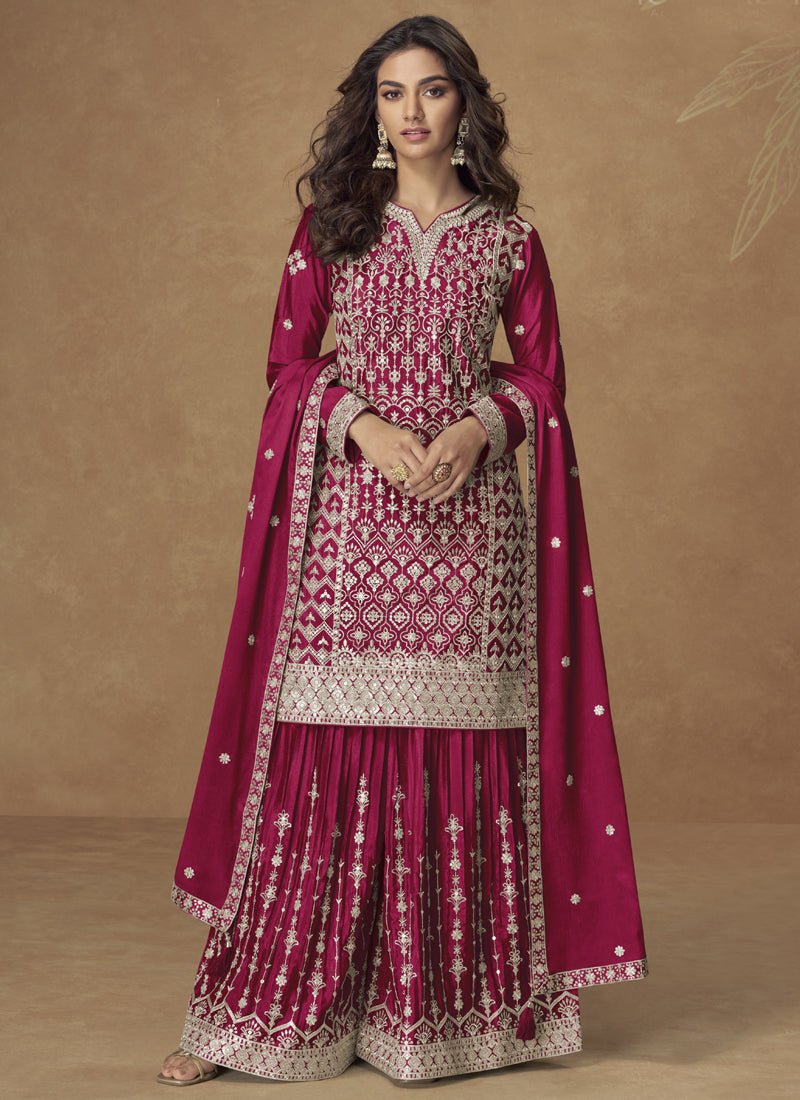 Rani Pink Chinon Silk Sharara Suit with detailed gota patti embroidery and elegant flared pants