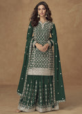 Vibrant green Chinon silk sharara suit with detailed gold embroidery