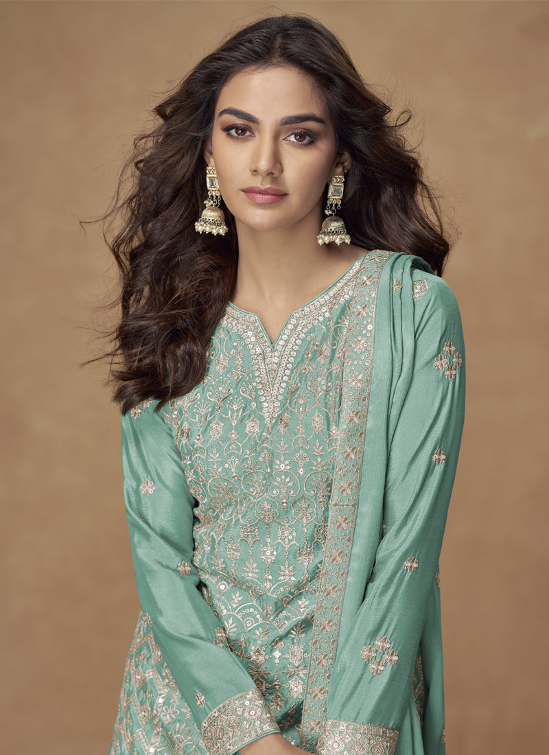 Sea Green Chinon Silk Embroidered Designer Palazzo Suit Set